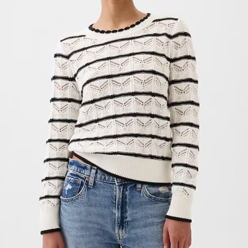 Gap Pointelle Knit White Striped Cotton Sweater M